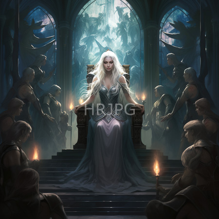 High Resolution: Ethereal white-haired woman with pale skin wearing a detailed silver and purple gown seated on an ornate throne in a dim blue-lit cathedral download. | HRJPG.com