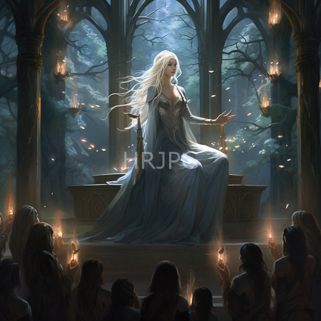 High Resolution: Ethereal blonde woman with flowing hair sits on ornate steps in front of tall arches within a forested temple-like structure at night download. | HRJPG.com
