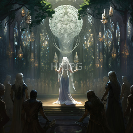 High Resolution: Ethereal white-haired woman in a flowing glowing dress stands on steps before ornate clock-like wall art surrounded by silhouetted armored figures download. | HRJPG.com