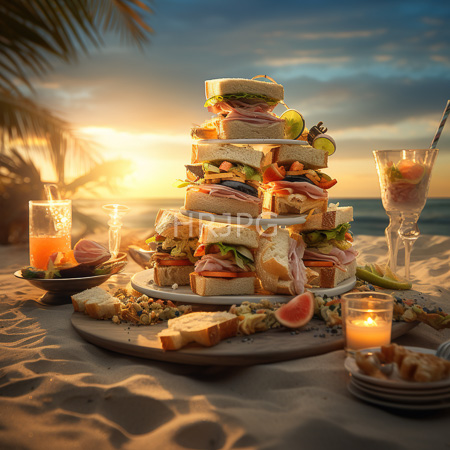 High Resolution: Elegant beach sunset scene featuring a four-tiered sandwich tower surrounded by sliced fruit drinks and candlelight download. | HRJPG.com