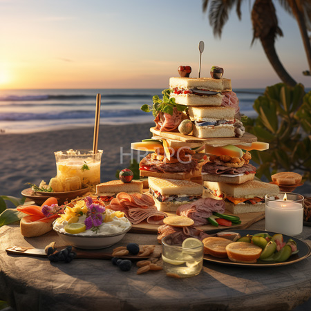High Resolution: Elaborate beachside sunset picnic featuring a four-tiered sandwich cake surrounded by fruit bowls drinks and lit candles download. | HRJPG.com