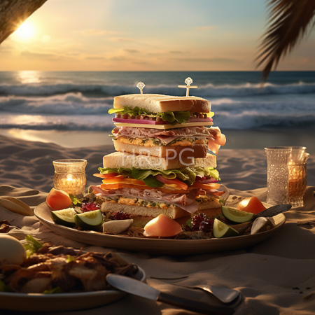 High Resolution: Elaborate multi-layered sandwich tower on a beach at sunset with ocean waves in the background featuring various meats and cheeses download. | HRJPG.com