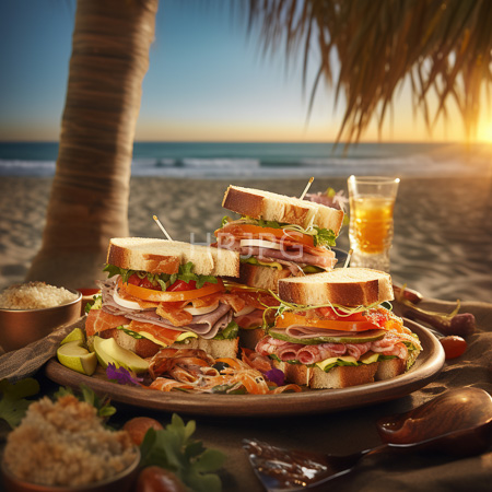 High Resolution: Sandwich tower on a beach at sunset featuring layers of deli meats and vegetables accompanied by a glass of amber liquid download. | HRJPG.com