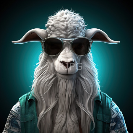 High Resolution: Anthropomorphic white sheep with long wavy fur and braided topknot wears dark aviator sunglasses and a green sleeveless shirt download. | HRJPG.com