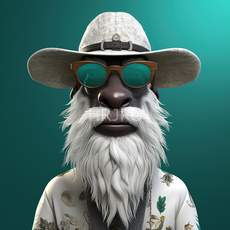 High Resolution: Anthropomorphic black-furred dog with a white beard wears brown-tinted sunglasses and a beige wide-brimmed hat with a tropical patterned shirt download. | HRJPG.com