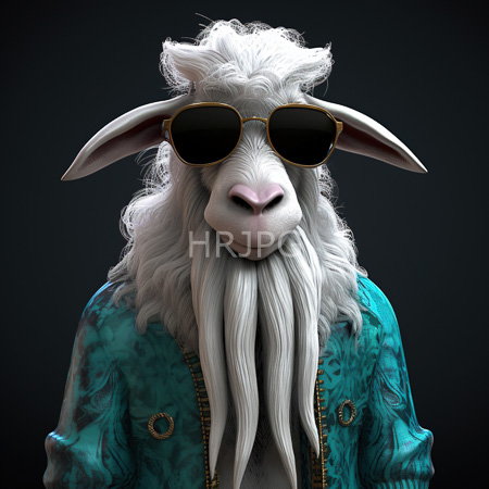 High Resolution: Anthropomorphic goat with white curly fur and a long beard wears black aviator sunglasses and a turquoise jacket download. | HRJPG.com