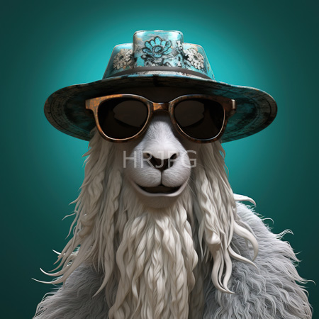 High Resolution: Anthropomorphic white llama with long wavy fur wears brown tortoiseshell sunglasses and a turquoise floral-patterned hat download. | HRJPG.com