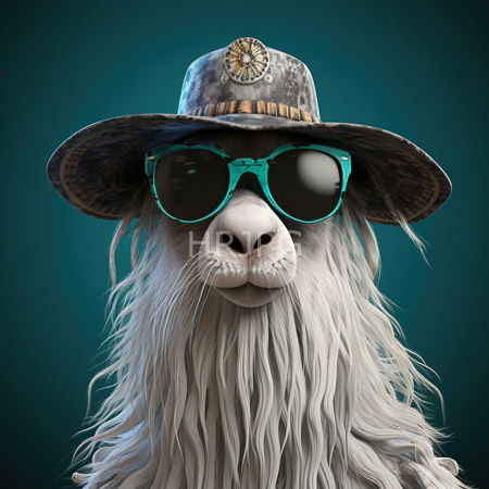 High Resolution: Alpaca with long wavy white fur wears turquoise sunglasses and a weathered gray fedora adorned with gold accents download. | HRJPG.com