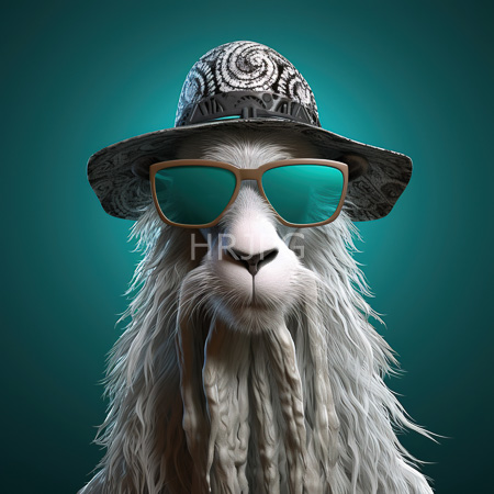 High Resolution: Alpaca with long white fur wears turquoise sunglasses and a black patterned hat with detailed fur textures download. | HRJPG.com