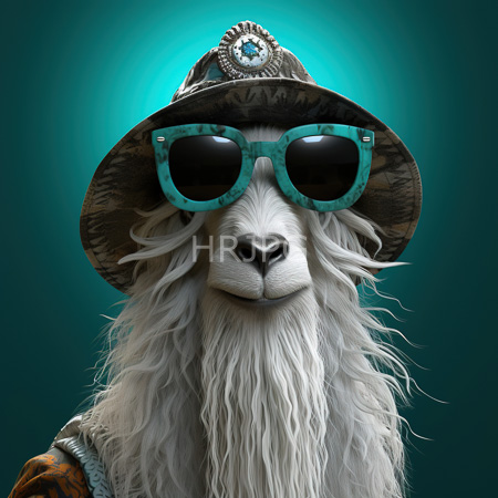 High Resolution: Anthropomorphic white llama with long flowing fur wears turquoise-rimmed sunglasses and a detailed brown hat with silver embellishments download. | HRJPG.com