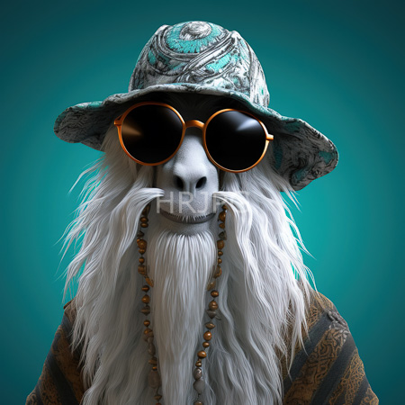 High Resolution: Anthropomorphic goat with white fur long beard and mustache wears round orange sunglasses and a patterned green hat exuding a hipster vibe download. | HRJPG.com