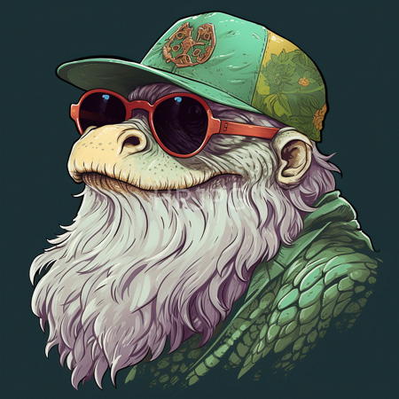 High Resolution: Anthropomorphic elderly monkey with a white wavy beard and textured skin wears red sunglasses and a green cap with the BAM logo download. | HRJPG.com