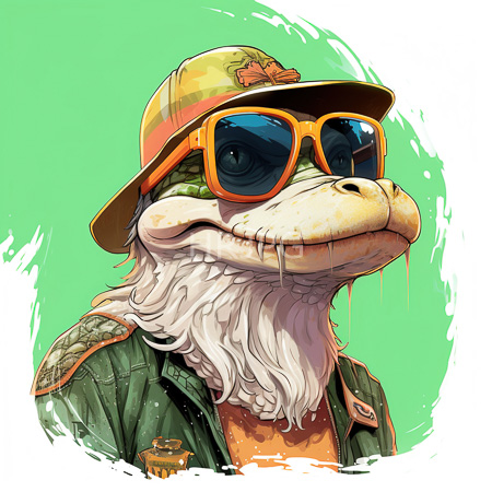 High Resolution: Anthropomorphic lizard with white textured skin and a long beard wears large orange sunglasses a green military jacket and a camouflage cap download. | HRJPG.com