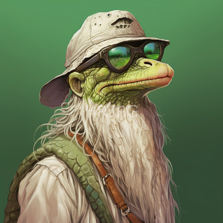 High Resolution: Anthropomorphic green lizard with a white beard wears black sunglasses reflecting a grassy landscape and a beige bucket hat download. | HRJPG.com