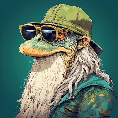 High Resolution: Anthropomorphic green-scaled monkey with a white beard and long hair wears yellow sunglasses under a camouflage military cap download. | HRJPG.com