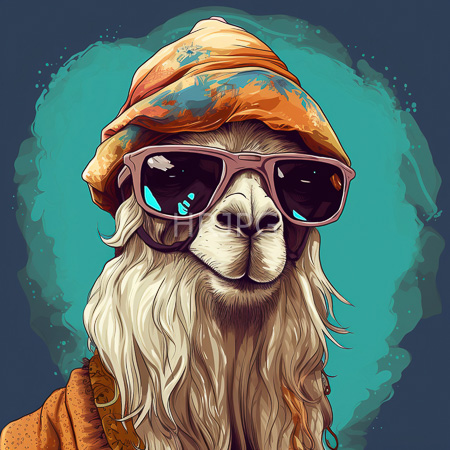 High Resolution: Anthropomorphic llama with white wavy fur wears oversized pink sunglasses and an orange bandana with blue splatters download. | HRJPG.com