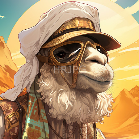 High Resolution: Anthropomorphic camel with white curly fur wears gold aviator goggles and a detailed golden headpiece under a large white turban download. | HRJPG.com