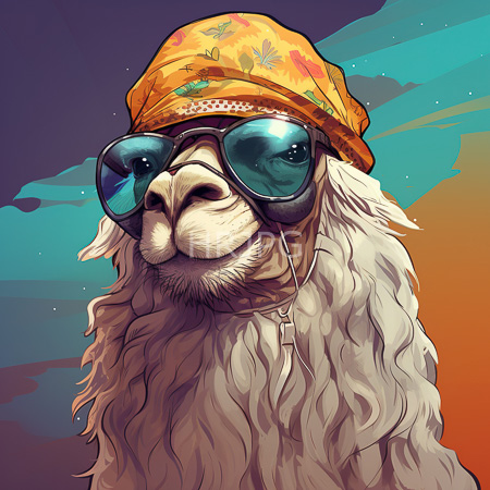 High Resolution: Anthropomorphic llama with wavy white fur wears oversized blue-tinted sunglasses and a yellow bandana adorned with green leaves download. | HRJPG.com