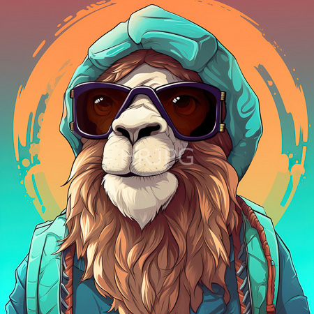 High Resolution: Anthropomorphic lion with brown fur and white muzzle wears large black sunglasses and a turquoise hooded jacket against a gradient background download. | HRJPG.com