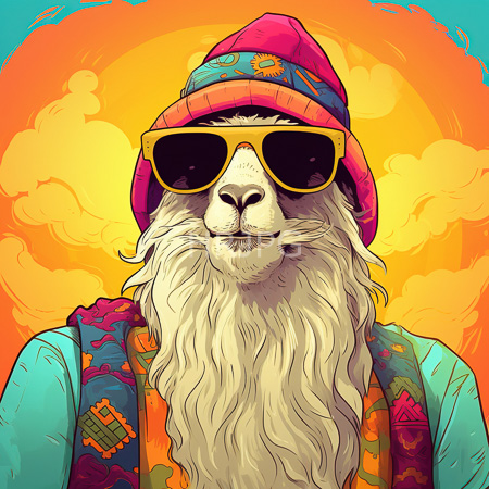 High Resolution: Anthropomorphic white-furred goat with a long beard wears yellow sunglasses and a pink beanie over a turquoise shirt and multicolored vest download. | HRJPG.com