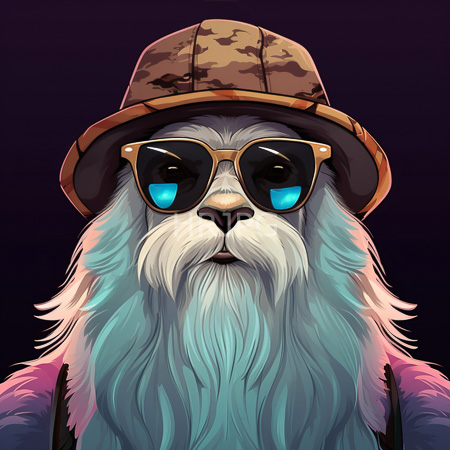 High Resolution: Anthropomorphic white-furred bear with blue eyes wears a camouflage bucket hat and large brown sunglasses against a dark purple background download. | HRJPG.com