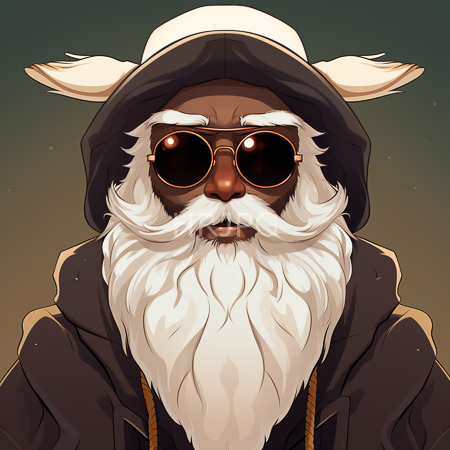 High Resolution: Anthropomorphic elderly white-bearded character with dark brown skin wears round sunglasses and a black hooded cloak against a gradient green background download. | HRJPG.com