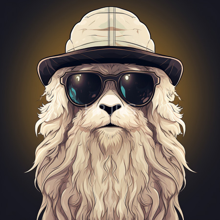 High Resolution: Anthropomorphic fluffy white dog with wavy fur wears black sunglasses and a beige fedora hat with a glowing yellow halo around its head download. | HRJPG.com