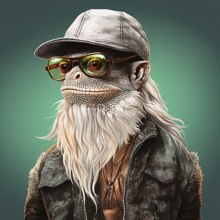 High Resolution: Anthropomorphic monkey with a white beard wears green reflective sunglasses and a gray cap and a black leather jacket with a necklace download. | HRJPG.com