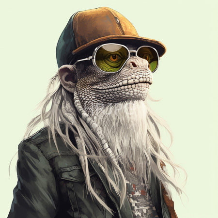 High Resolution: Anthropomorphic monkey with gray textured skin and a long white beard wears green aviator sunglasses under a brown cap and an olive-green jacket download. | HRJPG.com