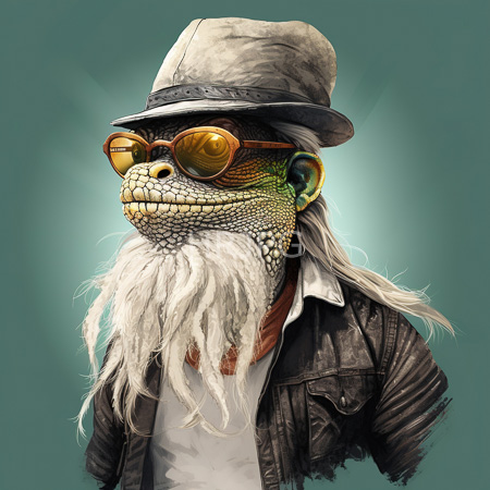 High Resolution: Anthropomorphic lizard with green scaly skin and a yellow eyes wears brown aviator sunglasses a white fedora hat and a dark textured biker jacket download. | HRJPG.com