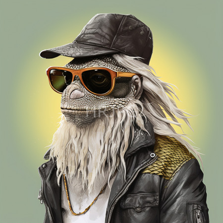 High Resolution: Anthropomorphic textured lizard-like creature with white fur and scales wears large orange sunglasses a black leather jacket and a gray baseball cap download. | HRJPG.com