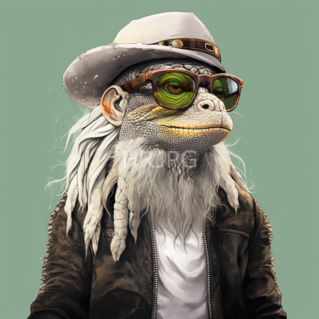 High Resolution: Anthropomorphic monkey with textured gray skin white beard-like hair strands wears green reflective sunglasses and a brown leather jacket download. | HRJPG.com