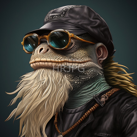 High Resolution: Anthropomorphic lizard with textured green and beige scales wears aviator sunglasses reflecting teal light and a black leather cap download. | HRJPG.com