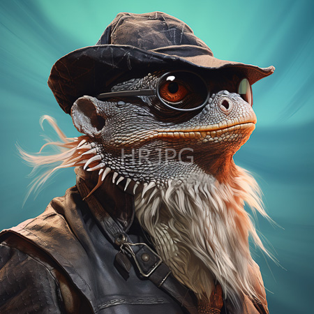 High Resolution: Anthropomorphic gecko with textured gray skin orange eyes behind black aviator goggles and white whiskers wears a leather hat download. | HRJPG.com
