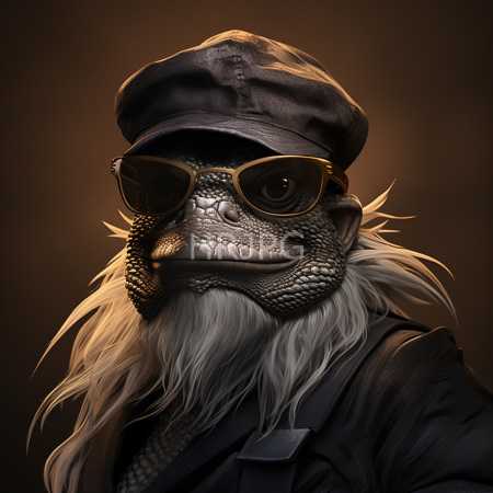 High Resolution: Anthropomorphic textured gray monkey with a white beard and long hair wears dark sunglasses and a black cap and leather jacket download. | HRJPG.com