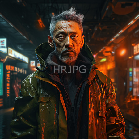 High Resolution: Older Asian man with gray hair and beard wears a wet green jacket in a neon-lit urban alleyway at night with visible scars download. | HRJPG.com