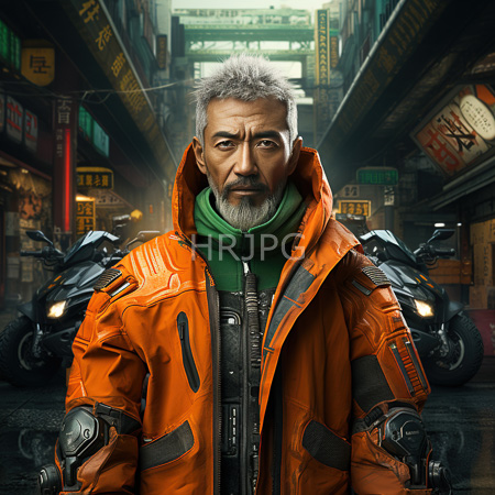 High Resolution: Older Asian man with gray hair and beard wears an orange high-tech jacket in an urban alleyway at night with neon signs download. | HRJPG.com