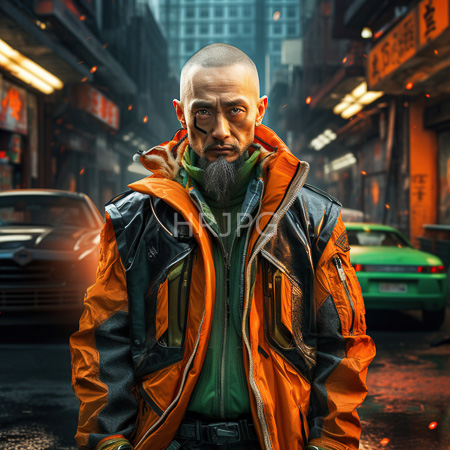 High Resolution: Intense bald man with a gray beard and piercing eyes wears an orange-black leather jacket in a neon-lit urban street at night download. | HRJPG.com