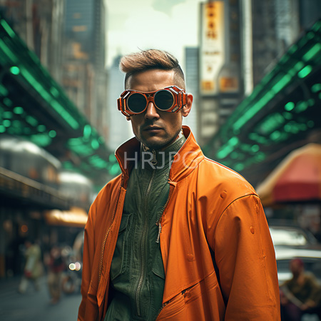 High Resolution: Asian man with short styled brown hair and a mustache wears orange retro sunglasses and a green turtleneck under a bright-orange leather jacket download. | HRJPG.com