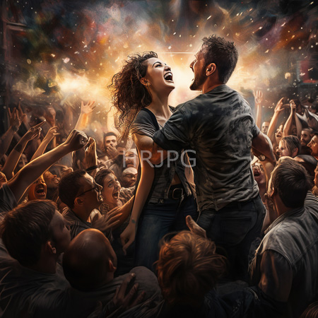 High Resolution: Energetic concert scene featuring a curly-haired woman being lifted by a bearded man amidst a cheering crowd under vibrant stage lights download. | HRJPG.com
