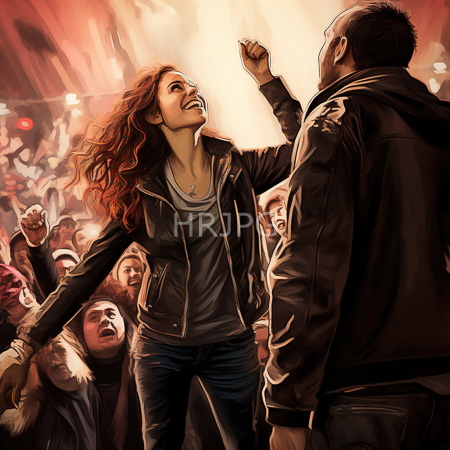 High Resolution: Energetic concert scene featuring two people one with long red curly hair wearing a black leather jacket raising her right arm joyfully download. | HRJPG.com