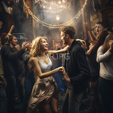 High Resolution: Energetic dance party in dim warm lighting with string lights overhead focusing on a couple dancing joyfully amidst a cheering crowd download. | HRJPG.com