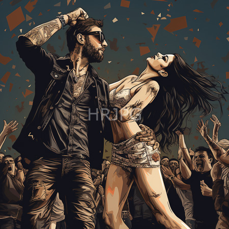 High Resolution: Two tattooed edgy performers dancing on stage amidst a cheering crowd a man in a black jacket and a woman wearing a white bralette download. | HRJPG.com