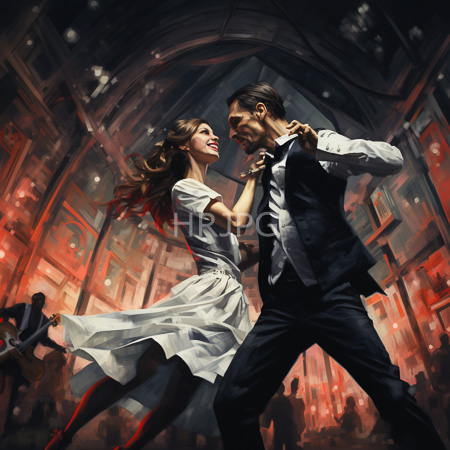 High Resolution: Energetic dance scene in a dim red-lit hall featuring a smiling brunette woman in a flowing white dress dancing with a dark-suited man download. | HRJPG.com
