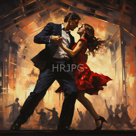 High Resolution: Elegant dance couple in mid-dance set against warm orange and yellow lighting with architectural arches behind them download. | HRJPG.com