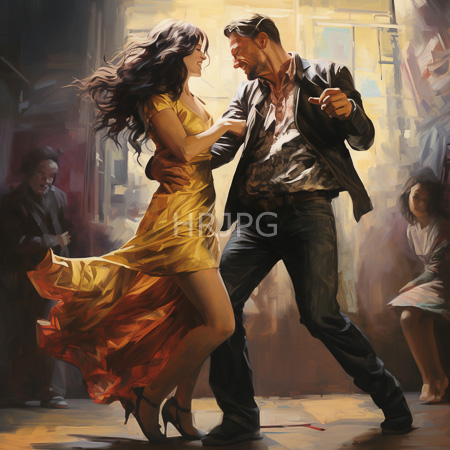 High Resolution: Elegant dance scene featuring a tall muscular man in a dark suit dancing with a slender woman wearing a flowing yellow dress download. | HRJPG.com