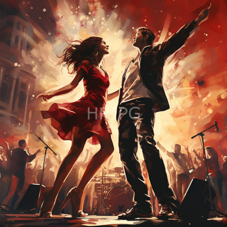 High Resolution: Energetic concert scene featuring two performers a female in a flowing red dress and a male in a black jacket raising their arms to applause download. | HRJPG.com