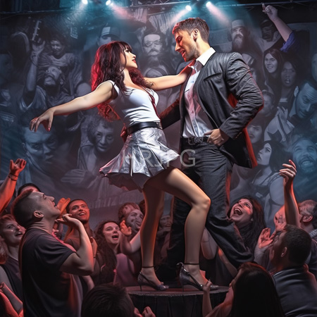 High Resolution: Energetic dance performance on stage featuring a woman in a silver dress and a man in a dark suit dancing passionately amid a cheering crowd download. | HRJPG.com