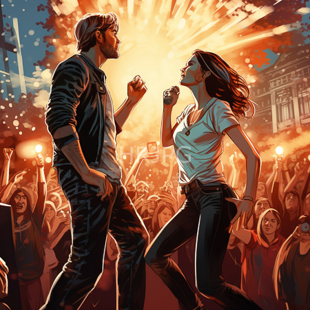 High Resolution: Intense dynamic scene featuring two people standing in front of cheering crowds under bright explosion-like lighting effects at night download. | HRJPG.com