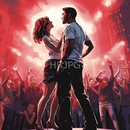 High Resolution: Energetic nightclub scene featuring two dancing couples in silhouette against vibrant red and pink lighting with a cheering crowd behind them download. | HRJPG.com
